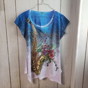Sweet Gisele New York New Orleans Vintage Embellished Blue Jazz Blouse Y2K Large